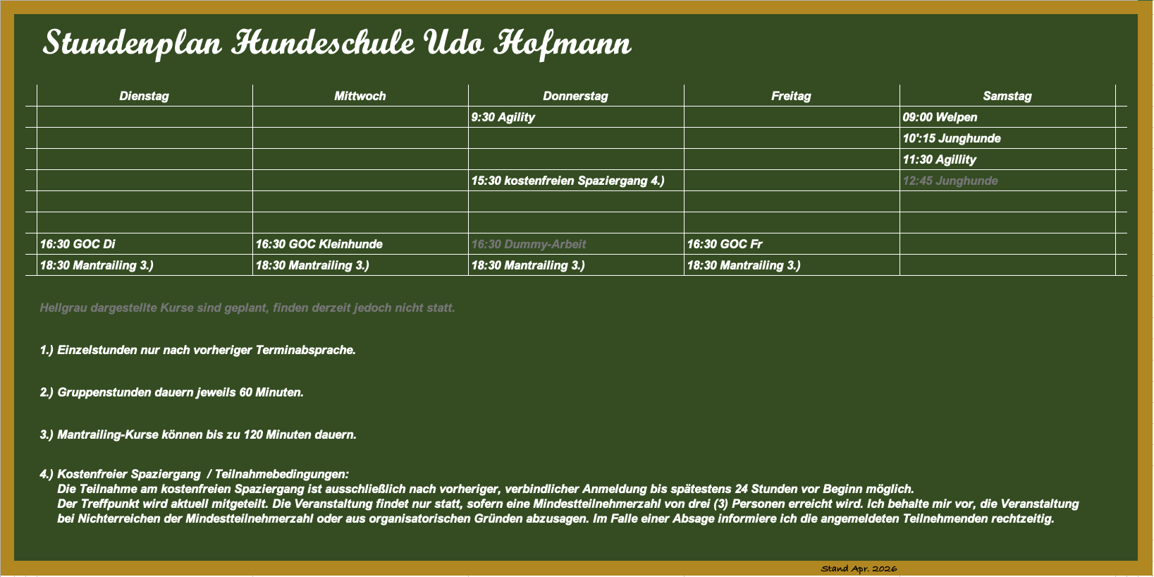 Stundenplan der Hundeschule Udo Hofmann